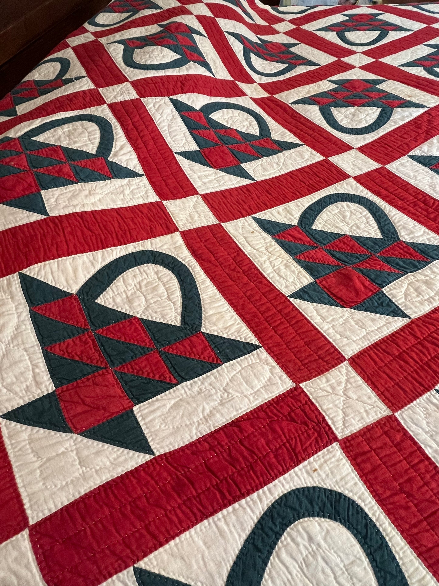 Red and Green Pieced Basket Quilt