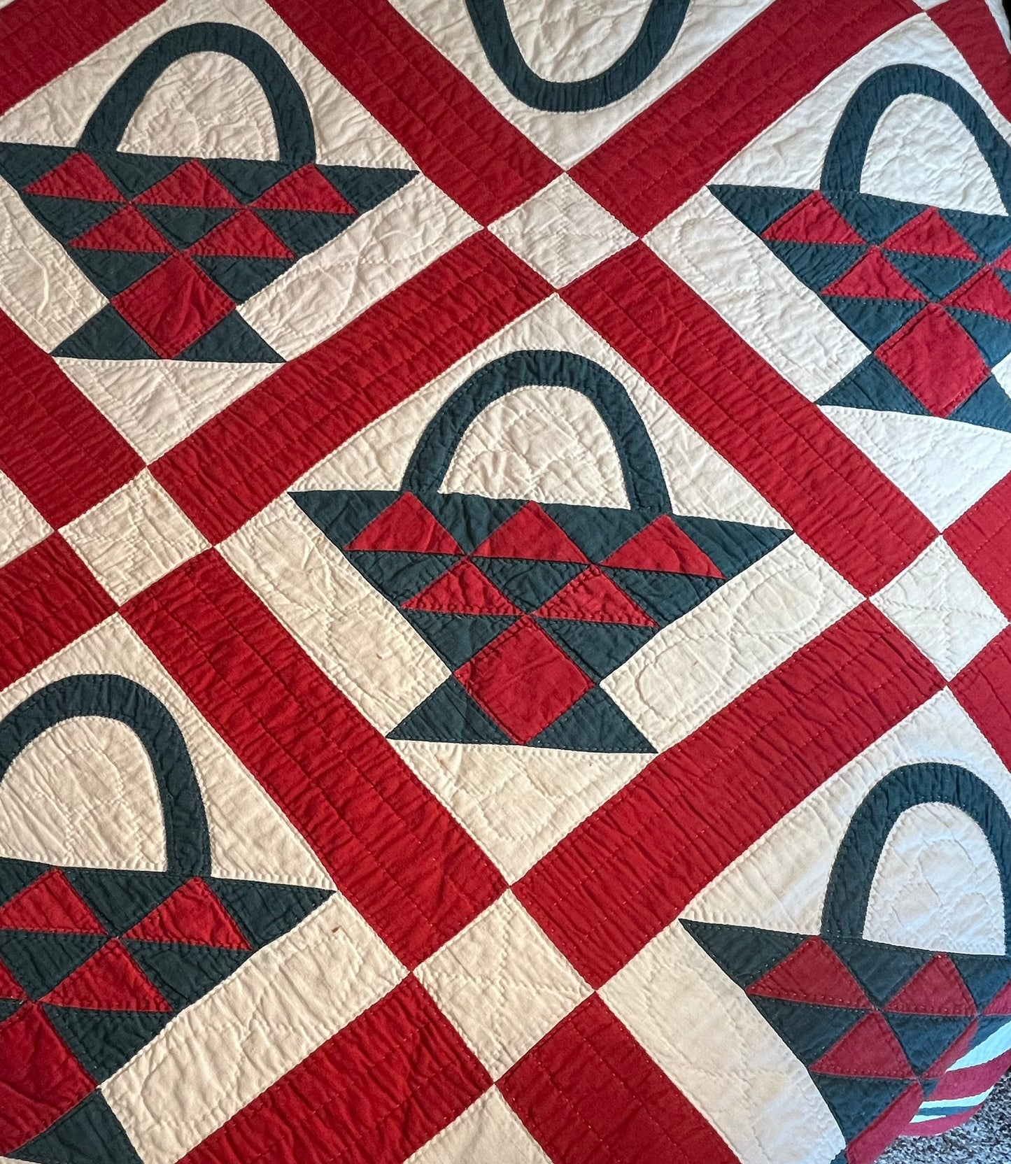 Red and Green Pieced Basket Quilt