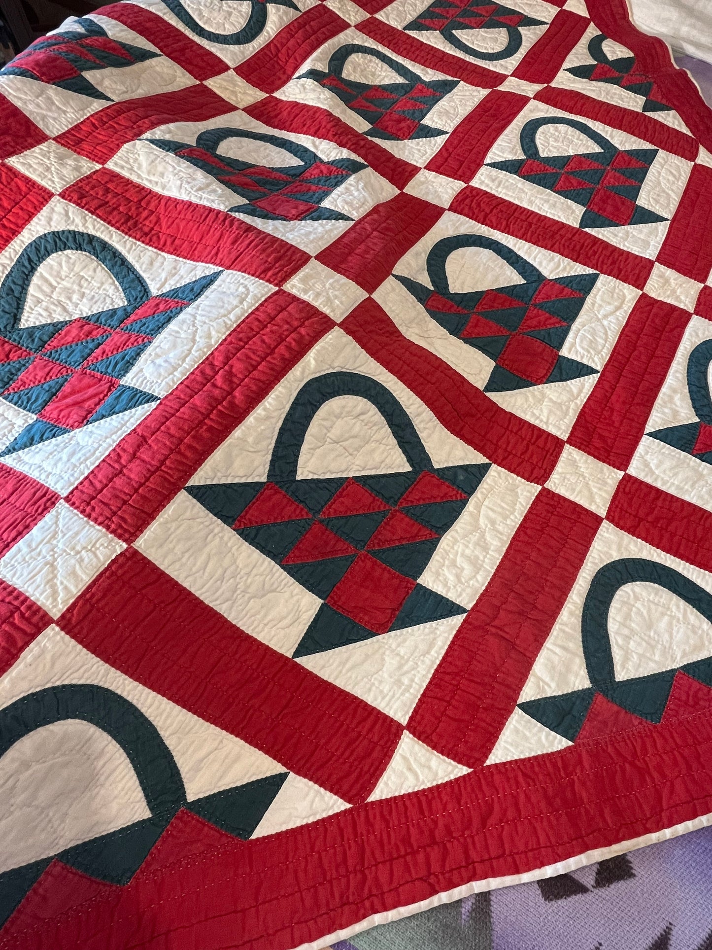 Red and Green Pieced Basket Quilt
