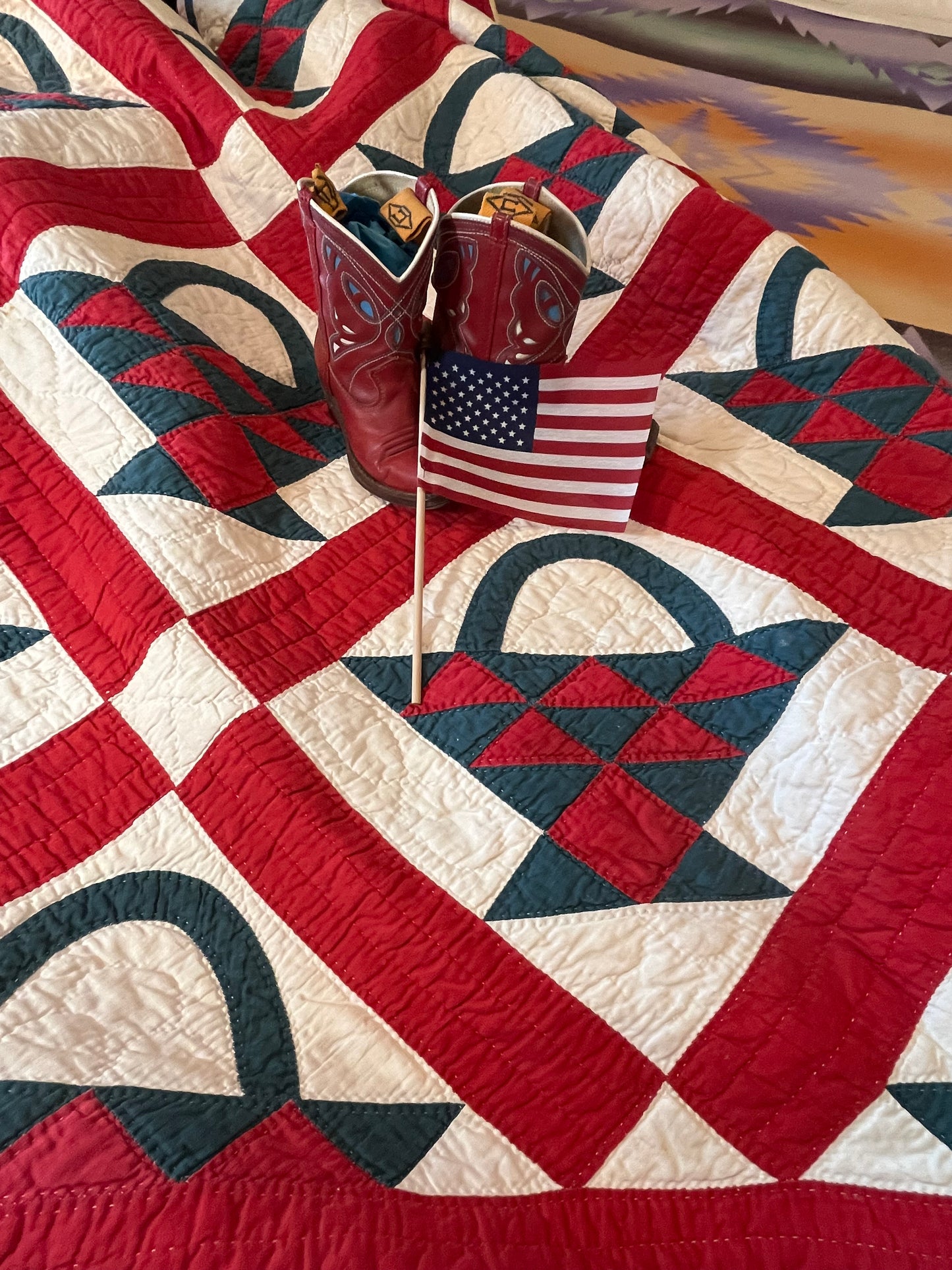 Red and Green Pieced Basket Quilt
