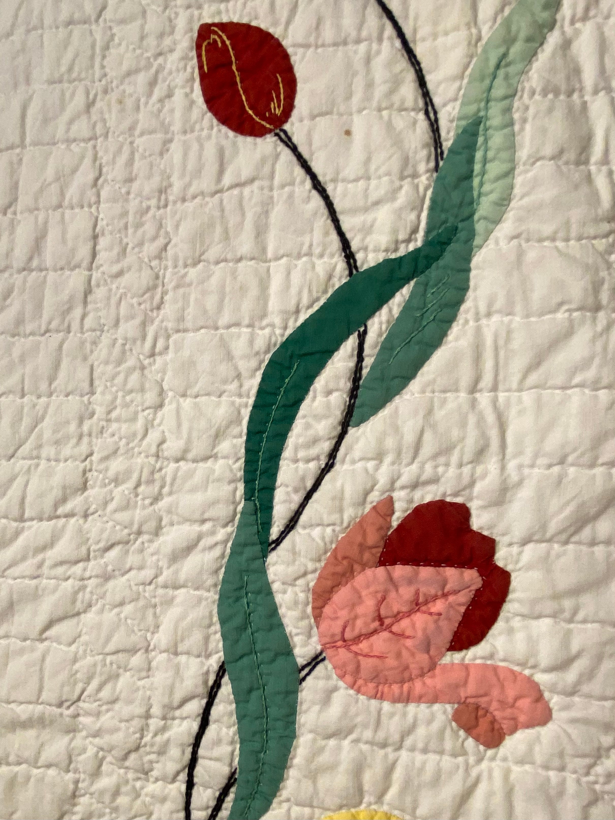 Antique 1950’s Hand Stitched Tulip Design cheapest Block Quilt