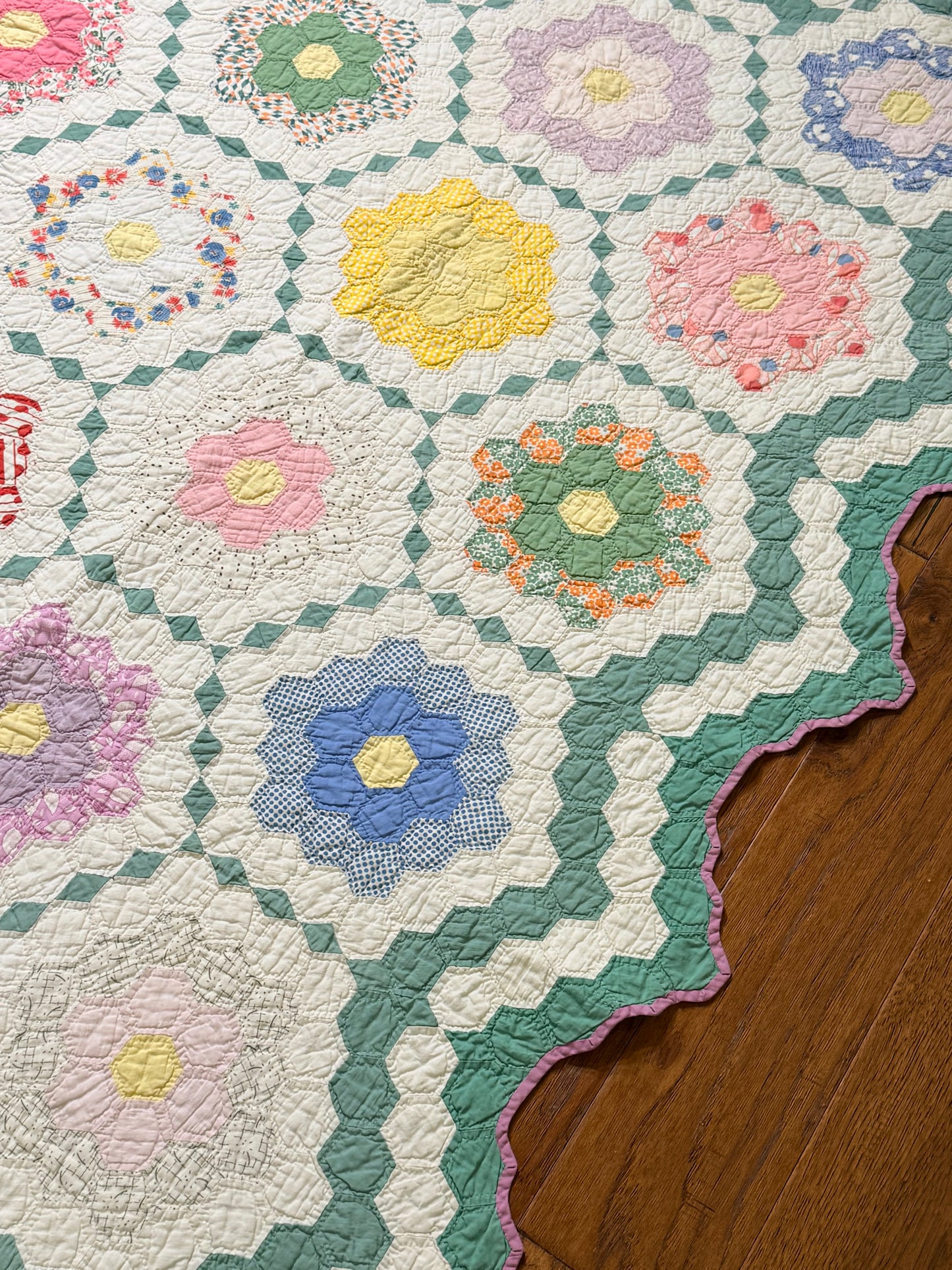 Flower Garden Quilt with Diamond Trail