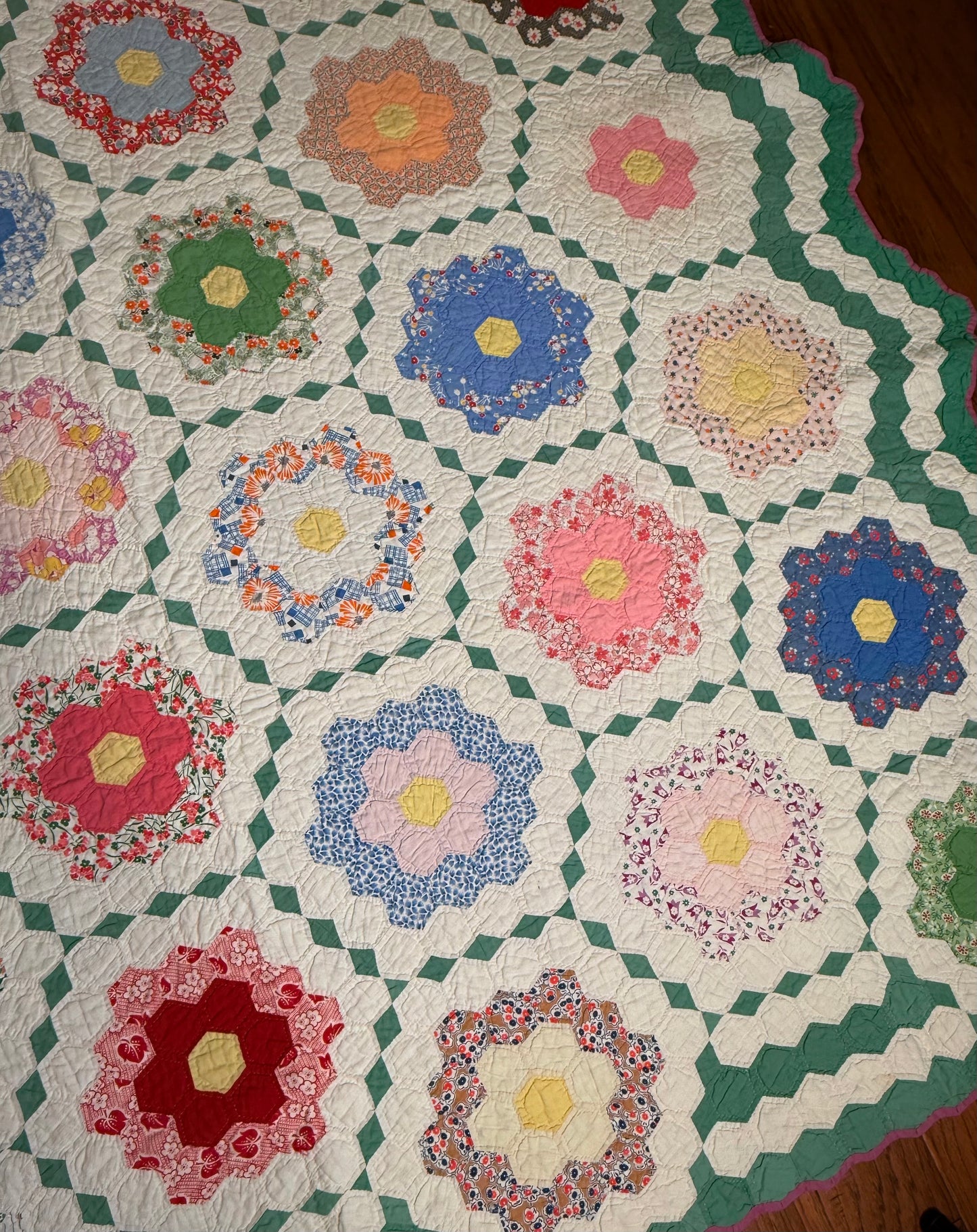 Flower Garden Quilt with Diamond Trail