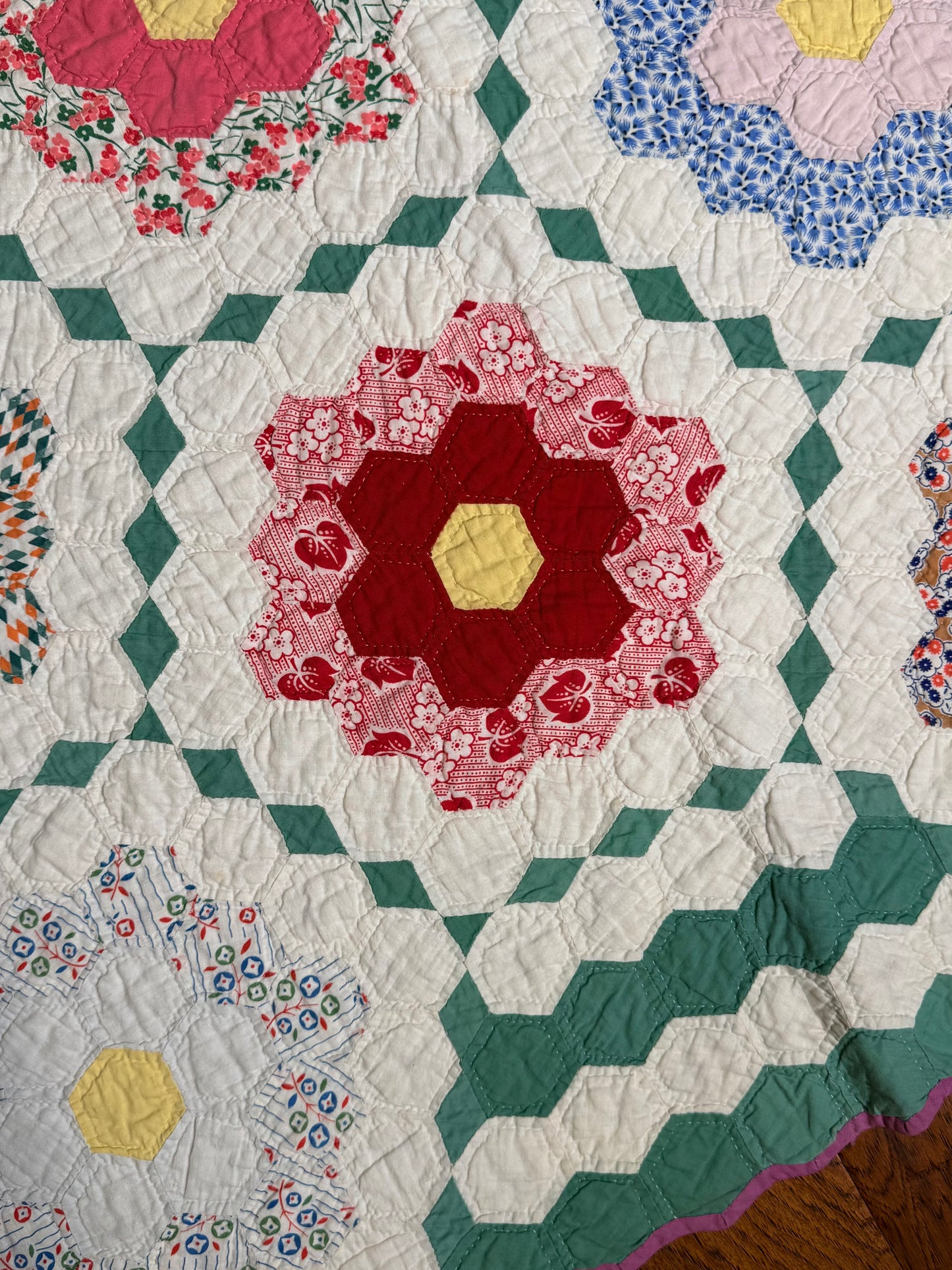 Flower Garden Quilt with Diamond Trail