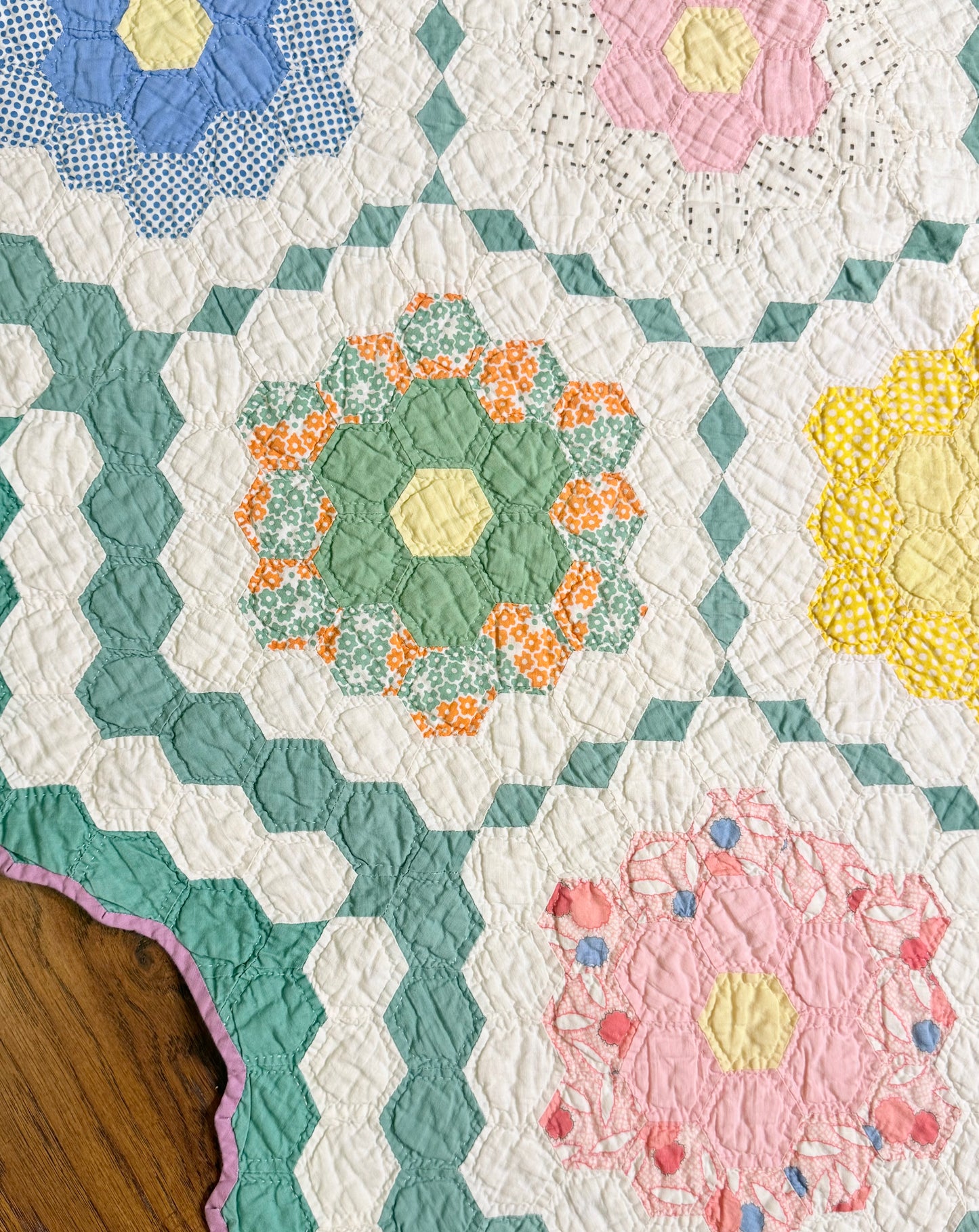 Flower Garden Quilt with Diamond Trail