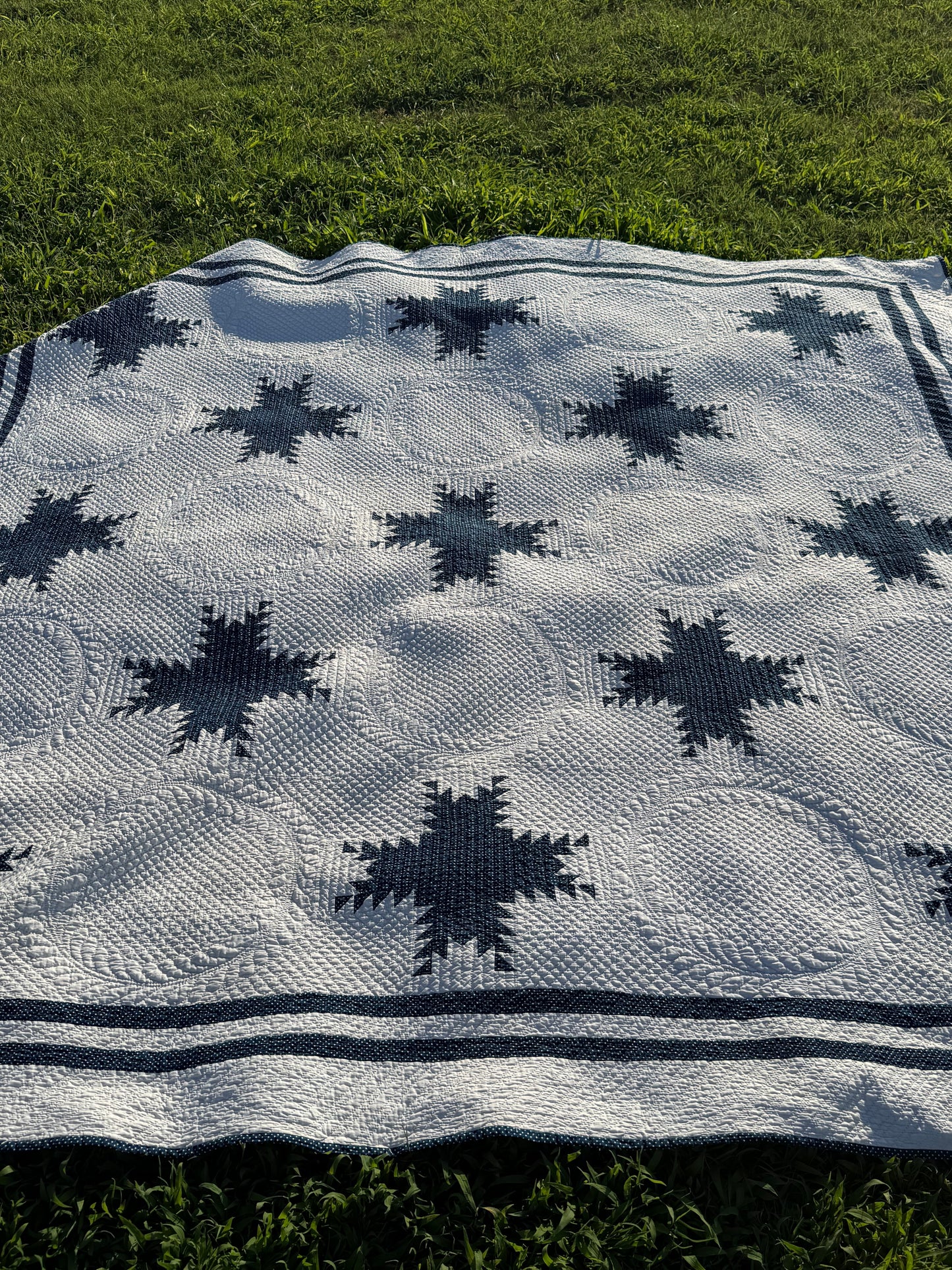 Exquisite Indigo Feathered Stars Quilt
