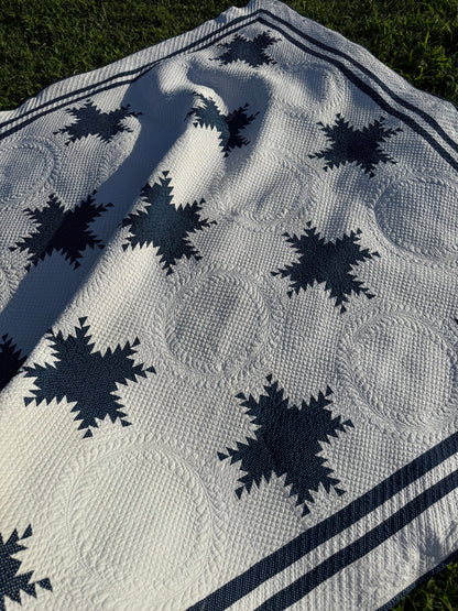 Exquisite Indigo Feathered Stars Quilt