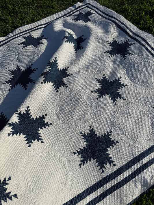 Exquisite Indigo Feathered Stars Quilt