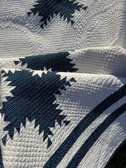 Exquisite Indigo Feathered Stars Quilt