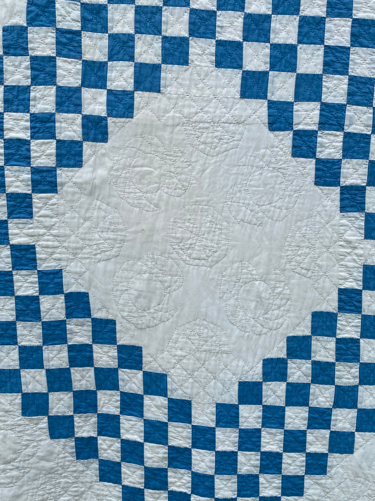 Blue and White Patchwork Irish Chain Quilt