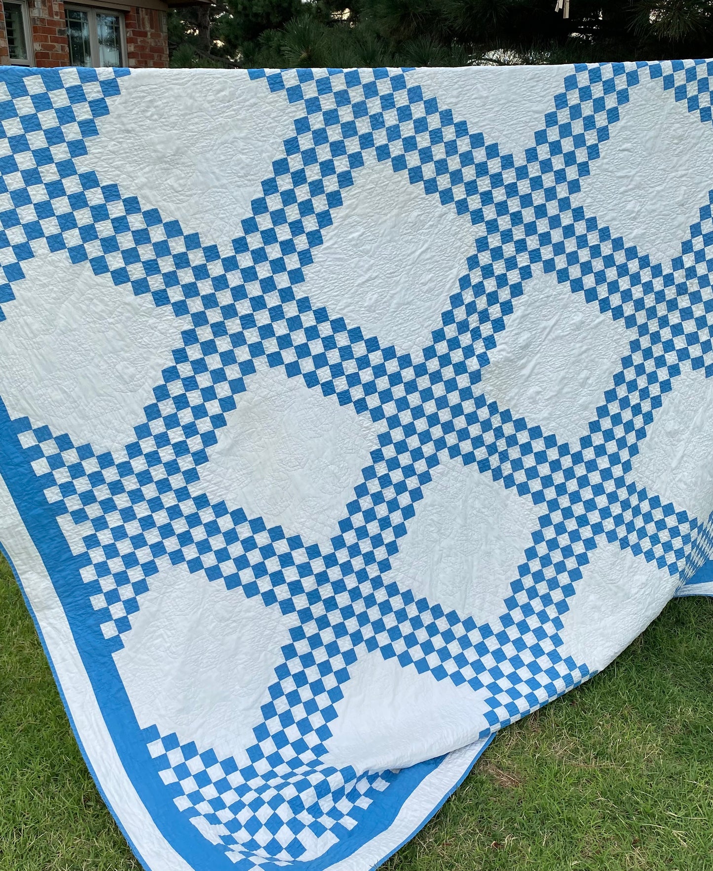 Blue and White Patchwork Irish Chain Quilt