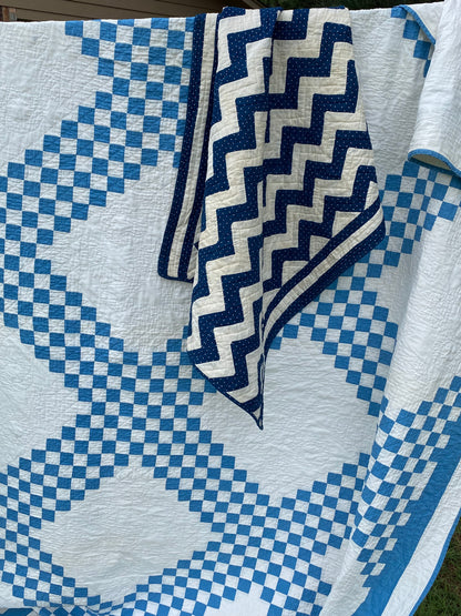 Blue and White Patchwork Irish Chain Quilt