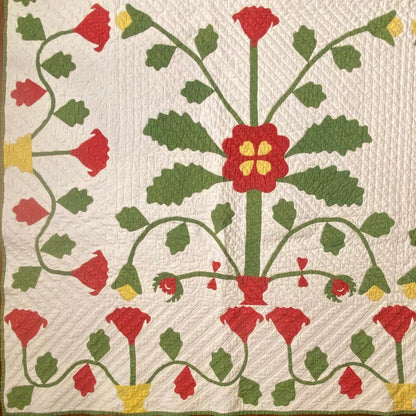 Folk Art 4 Block Appliqué Pot of Flowers Quilt with Border