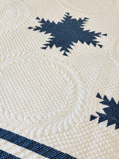 Exquisite Indigo Feathered Stars Quilt