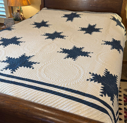 Exquisite Indigo Feathered Stars Quilt