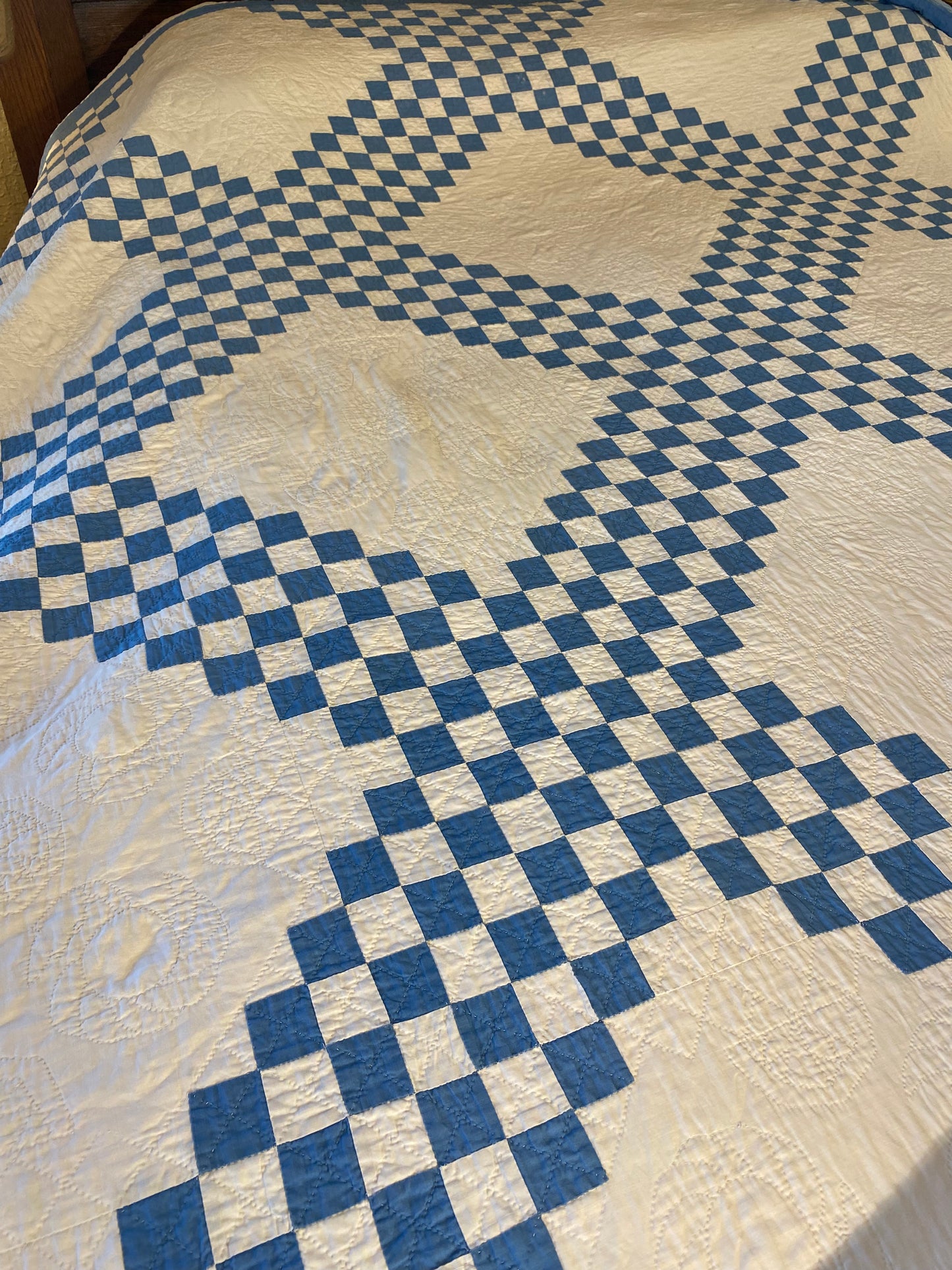 Blue and White Patchwork Irish Chain Quilt