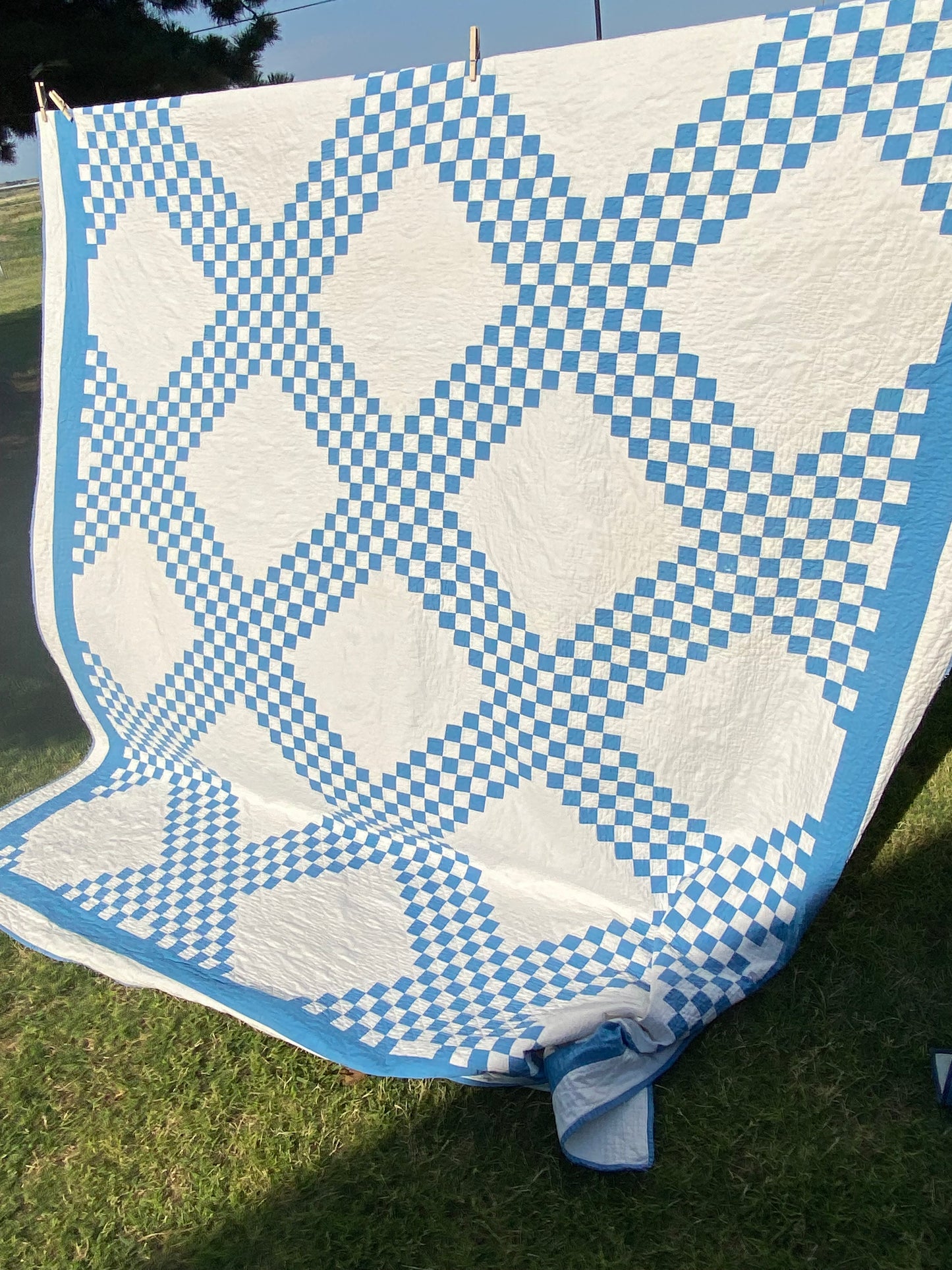 Blue and White Patchwork Irish Chain Quilt