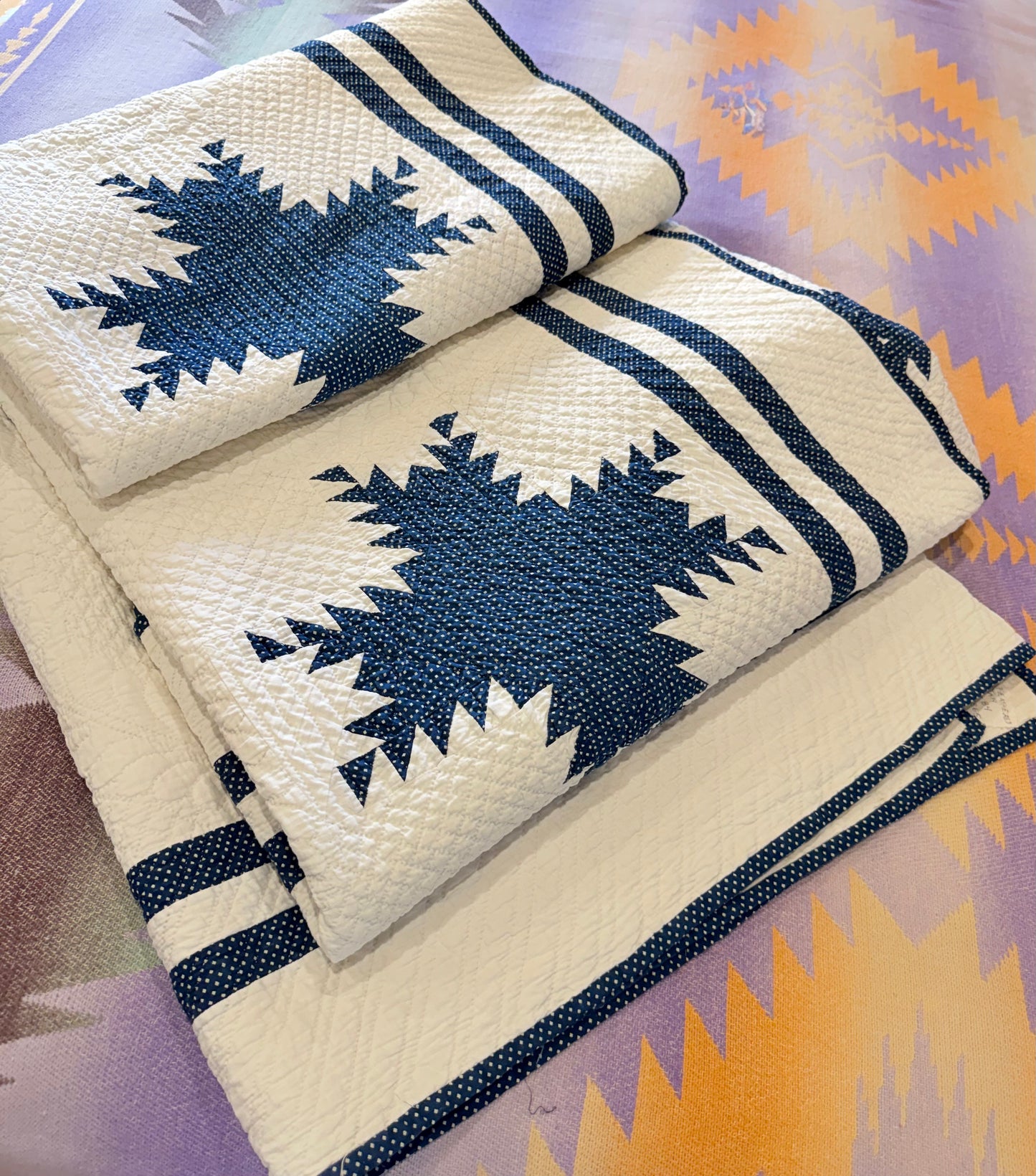 Exquisite Indigo Feathered Stars Quilt