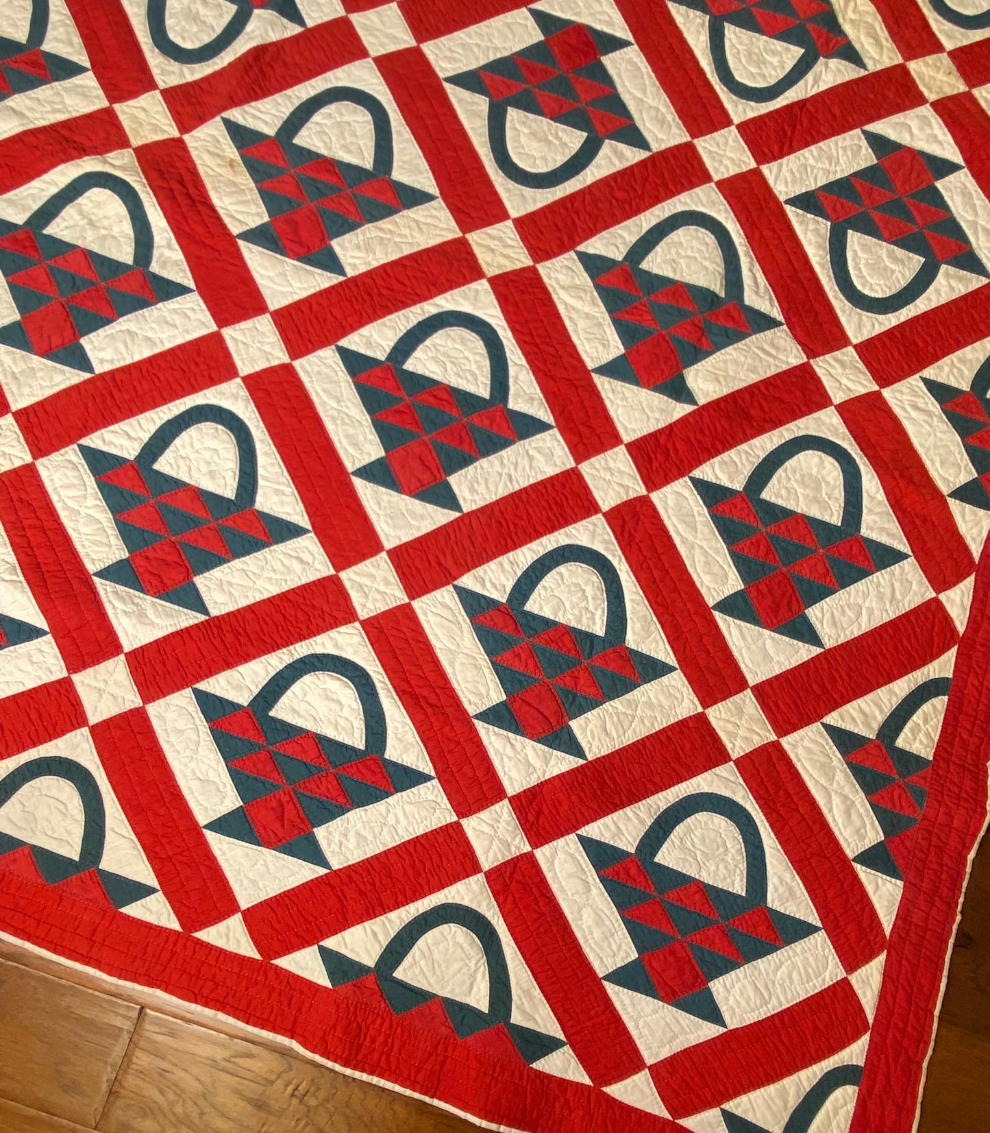 Red and Green Pieced Basket Quilt