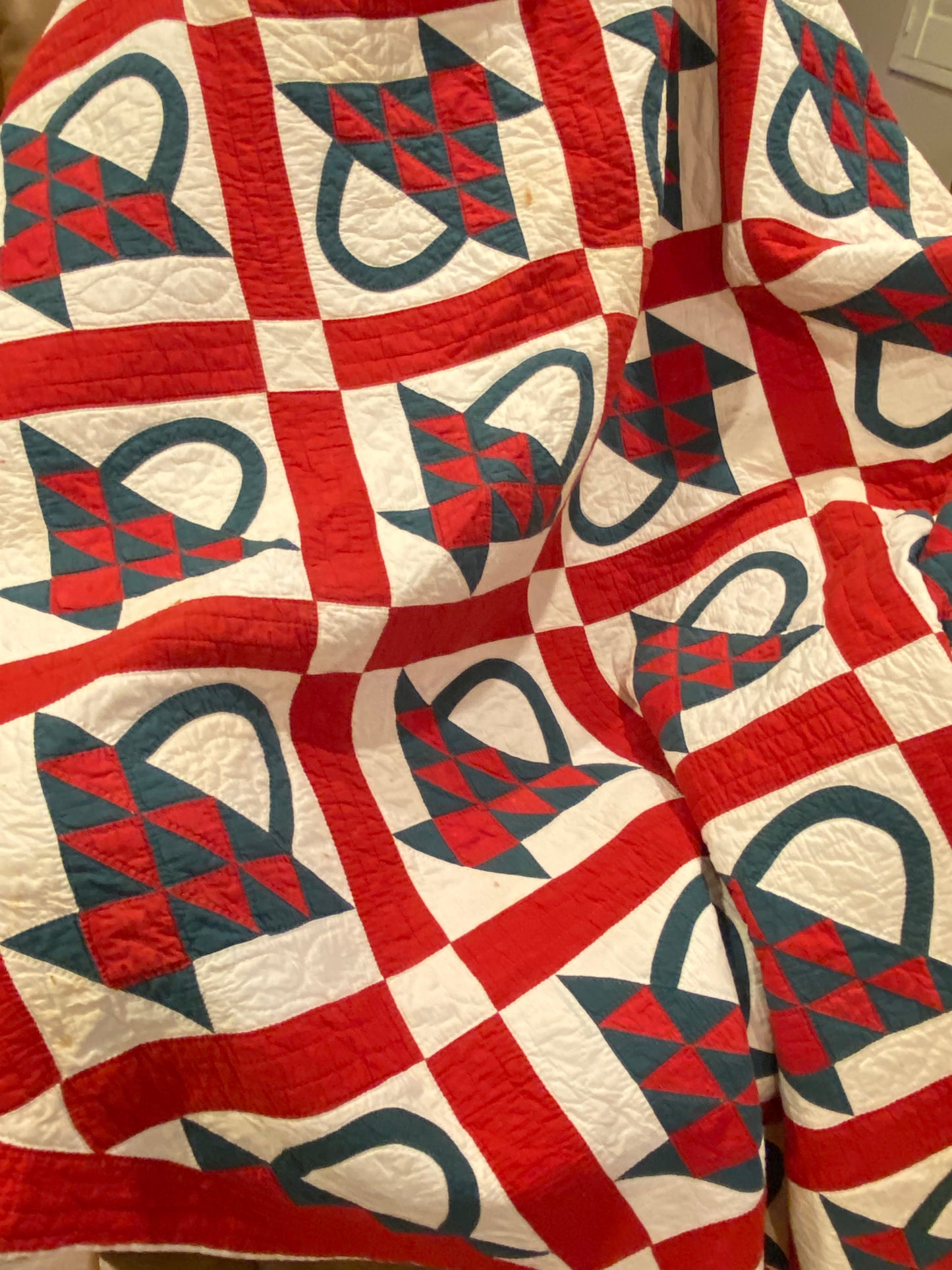 Red and Green Pieced Basket Quilt