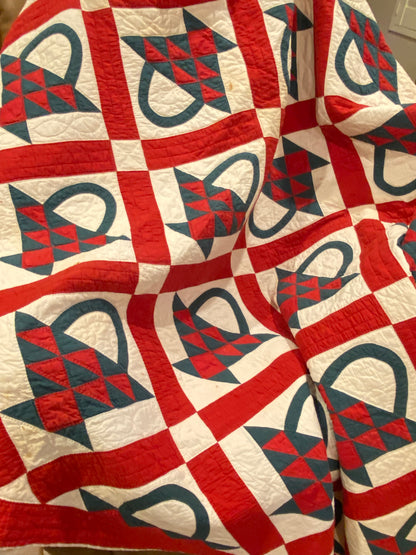 Red and Green Pieced Basket Quilt