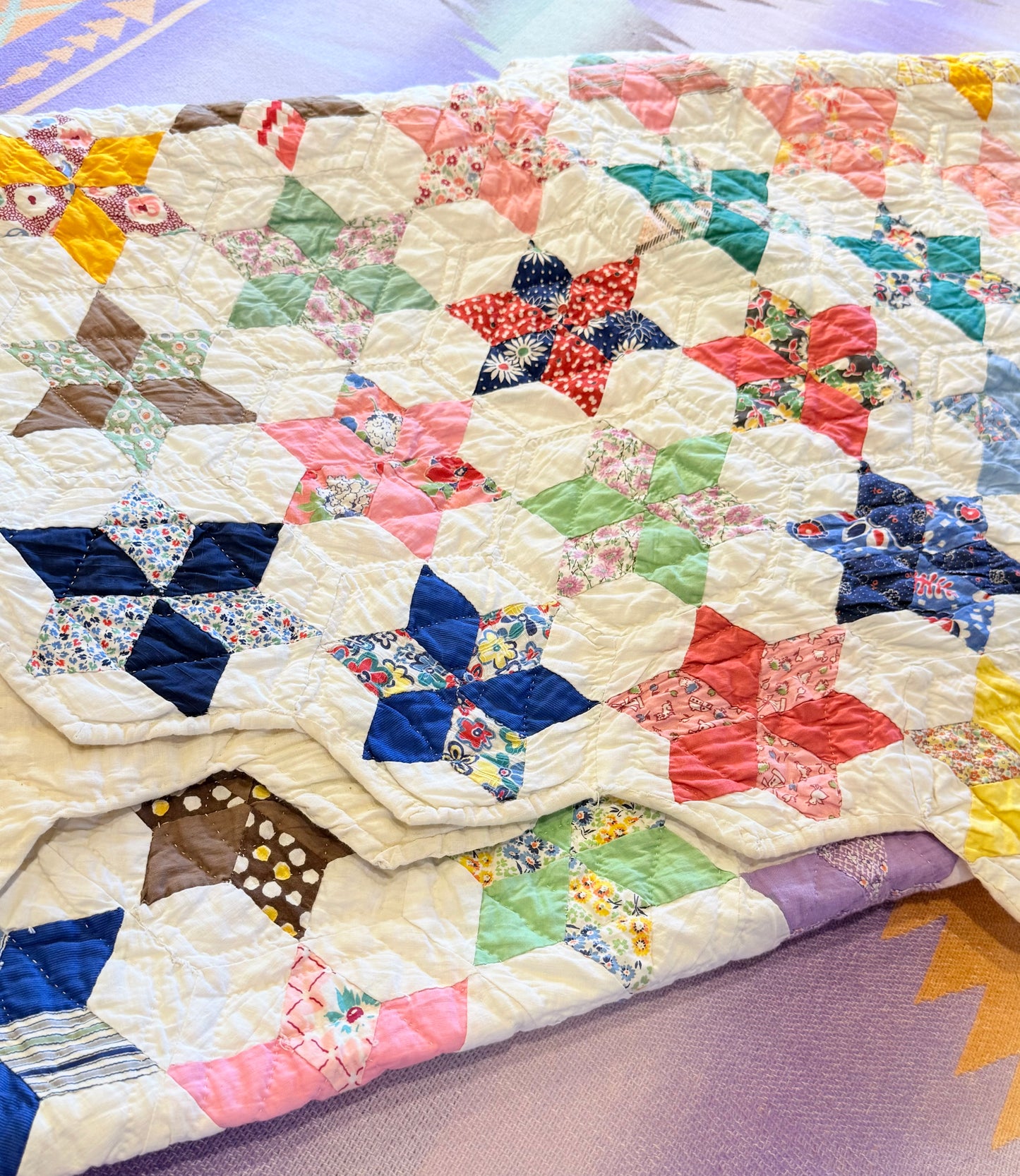Six Point Hexagonal Scrappy Stars Quilt