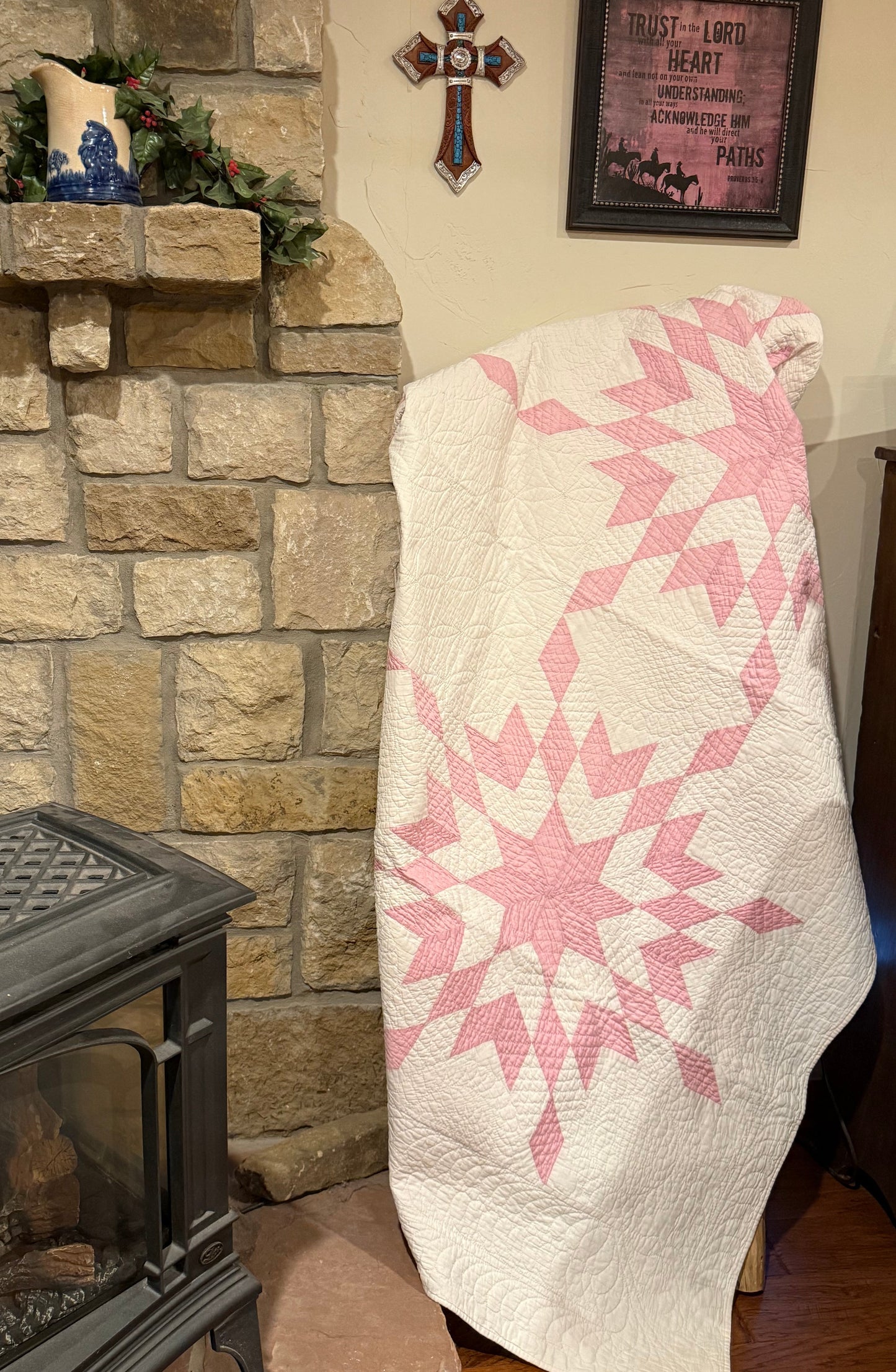 4 Block Pink Connecting Stars Quilt for Dolly