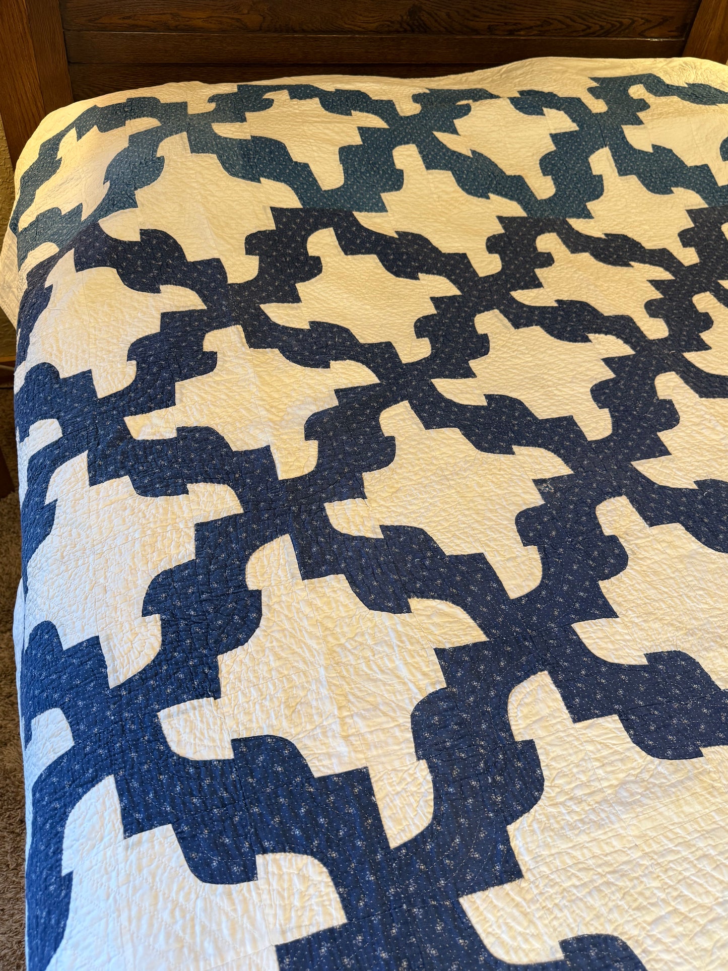 Blue and White Drunkards Path Quilt
