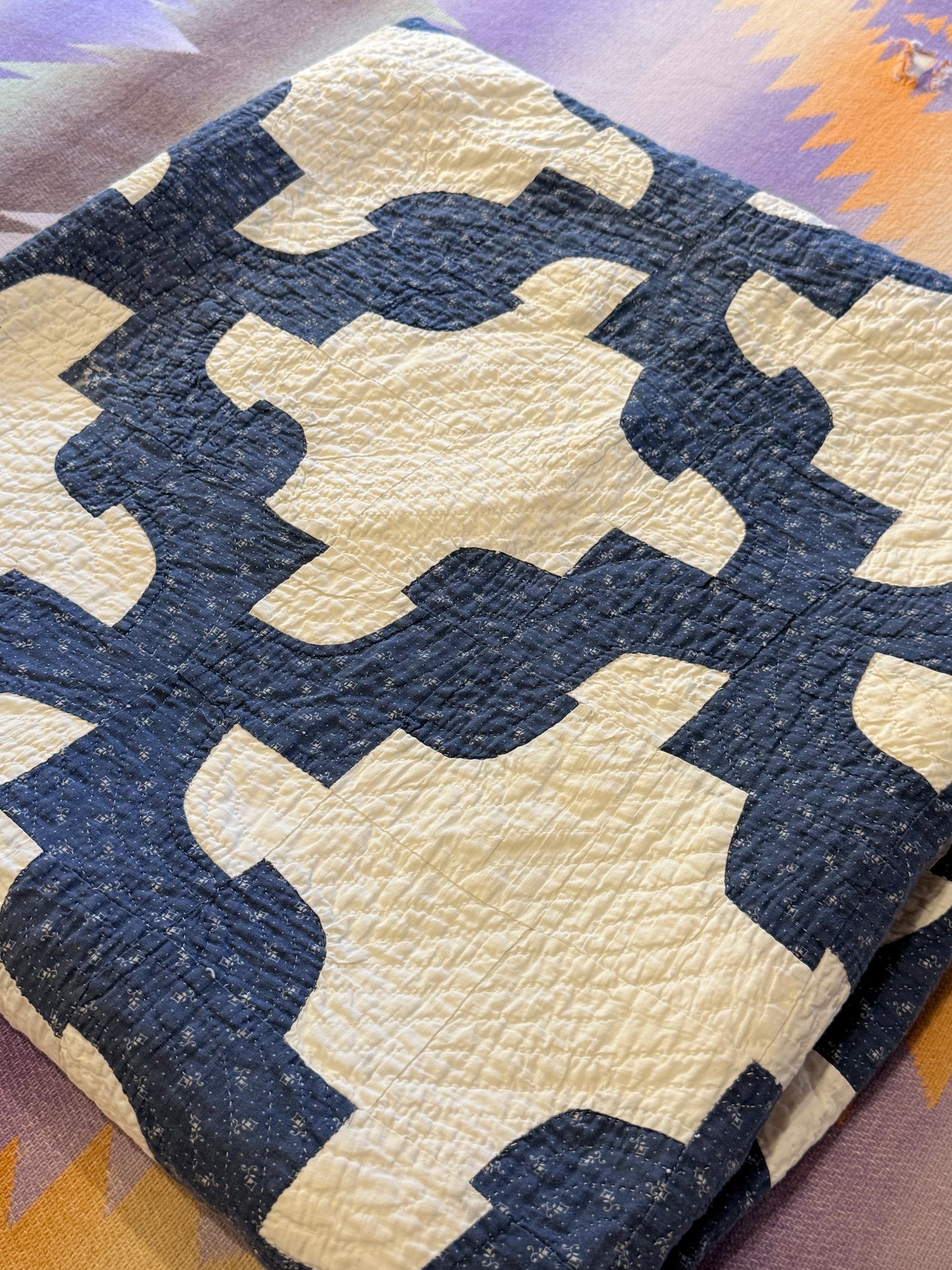Blue and White Drunkards Path Quilt