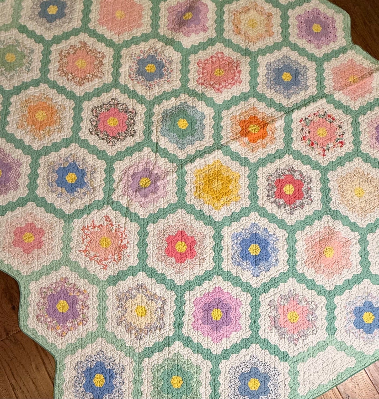 Grannies Flower Garden Quilt with Green Path