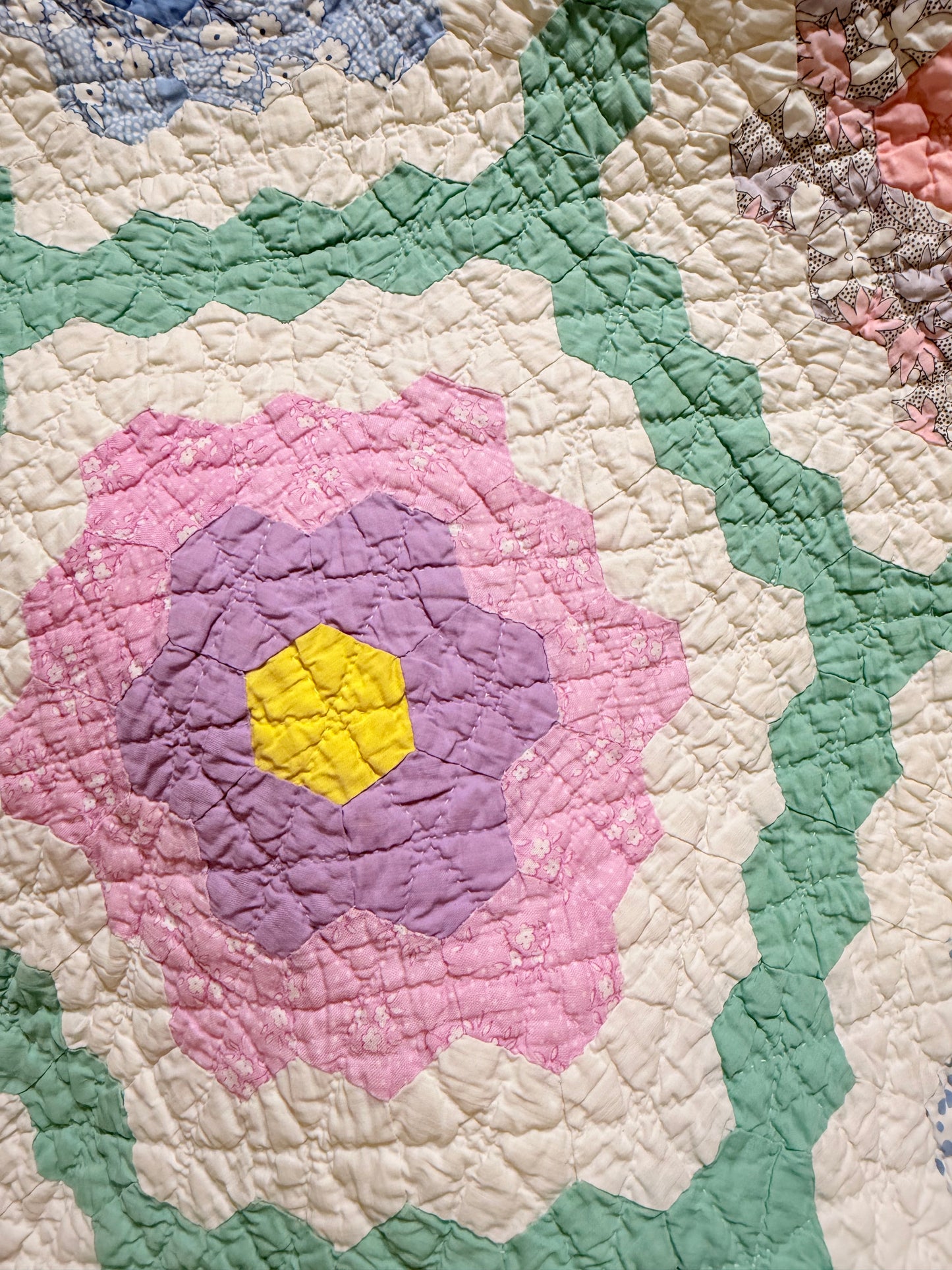 Grannies Flower Garden Quilt with Green Path