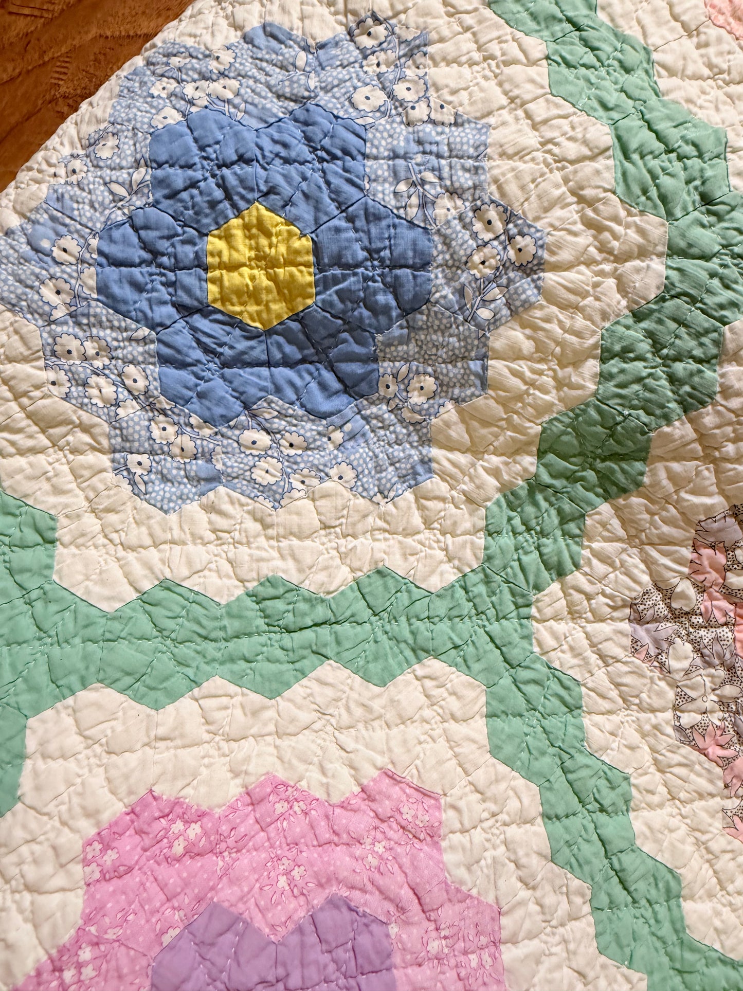Grannies Flower Garden Quilt with Green Path