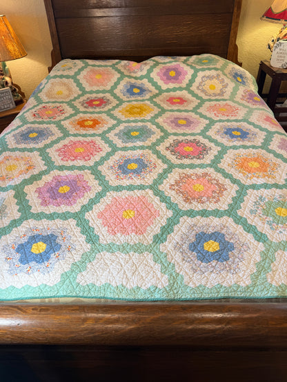 Grannies Flower Garden Quilt with Green Path