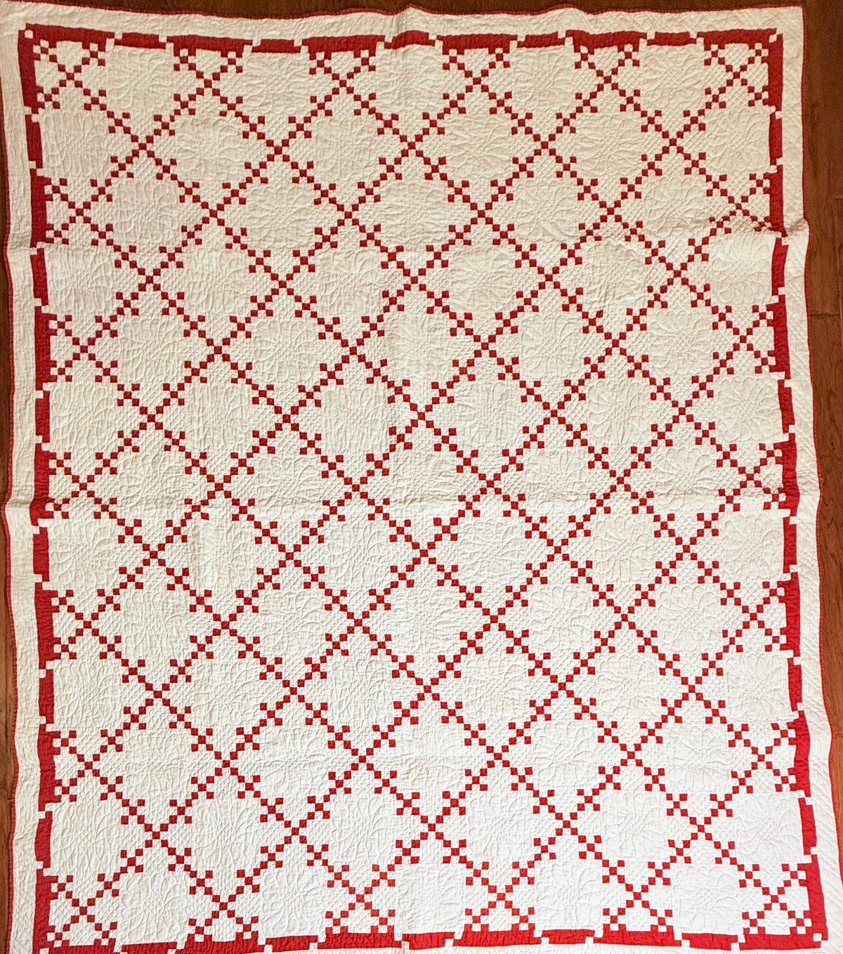 Incredible Red and White Small Scale Double 9 Patch Quilt