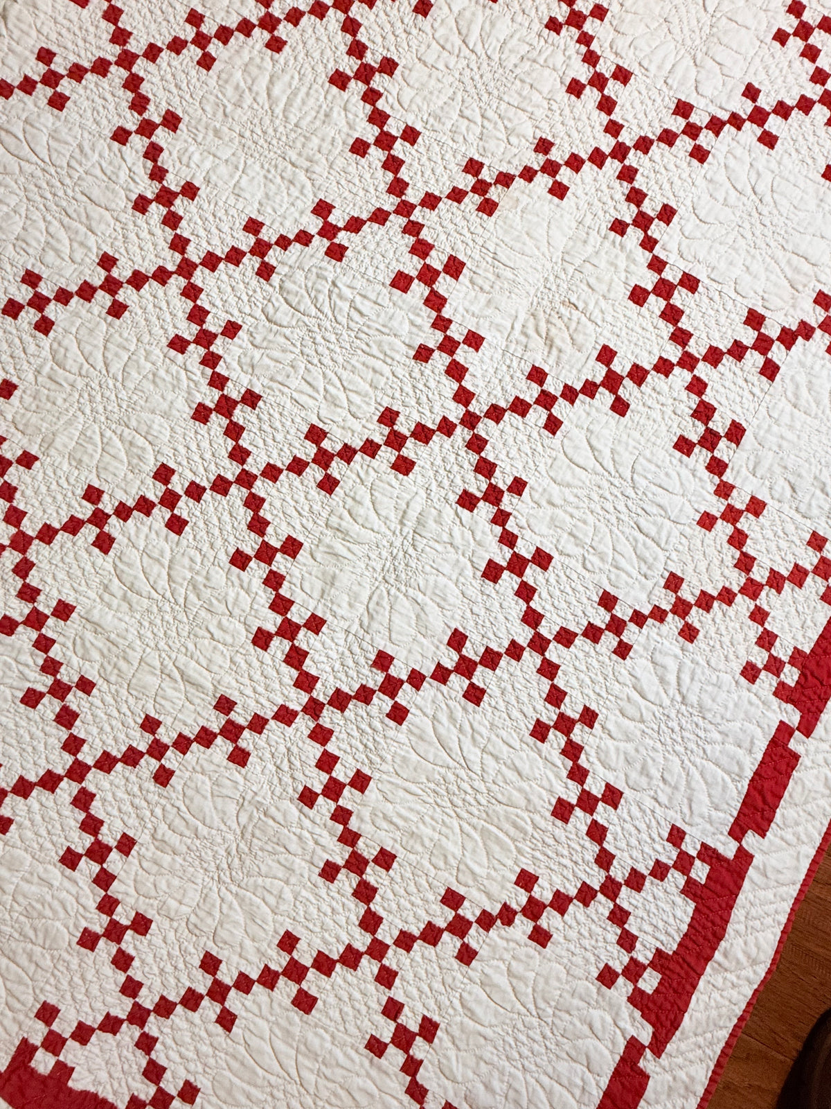 Incredible Red and White Small Scale Double 9 Patch Quilt