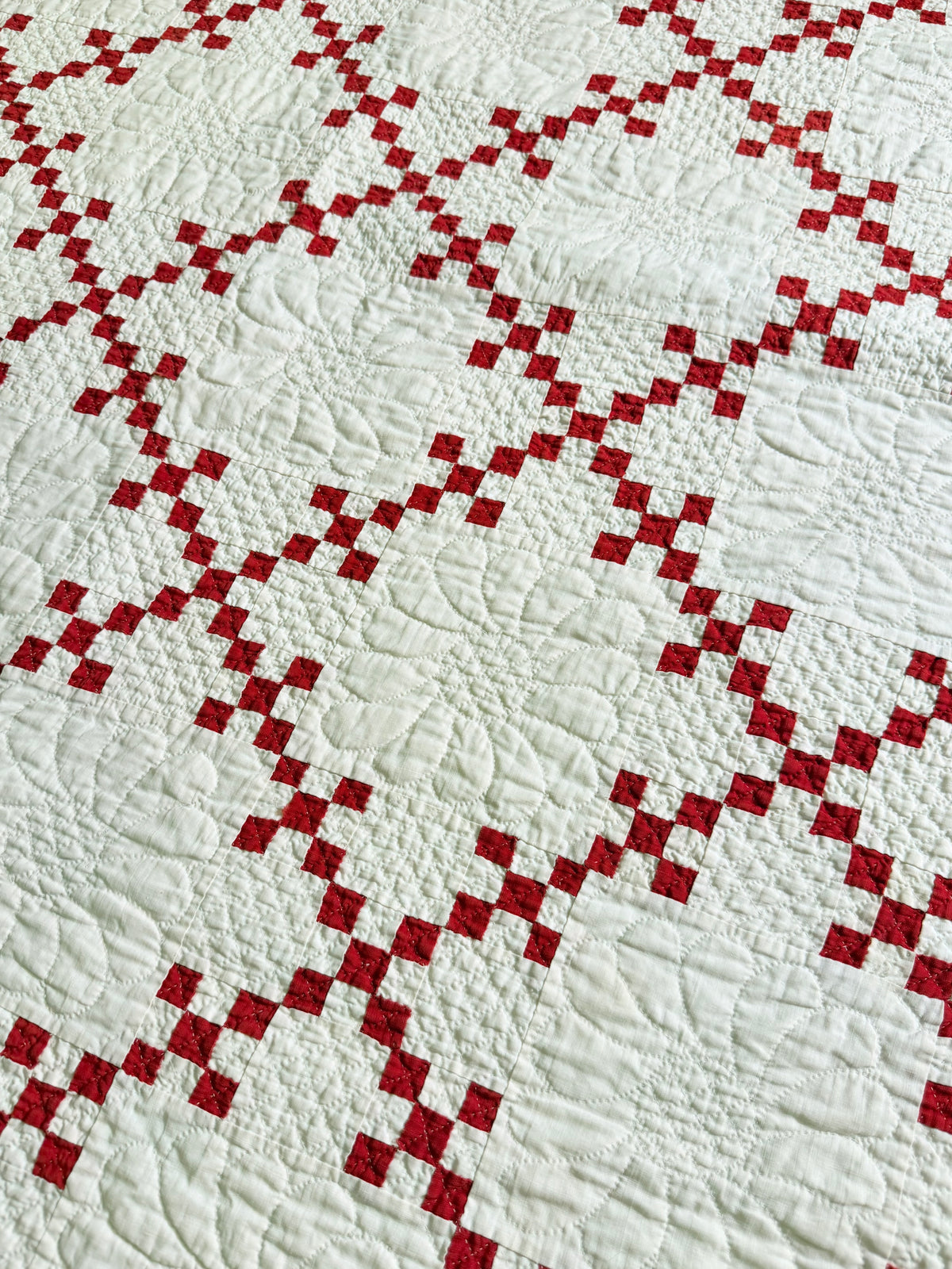 Incredible Red and White Small Scale Double 9 Patch Quilt