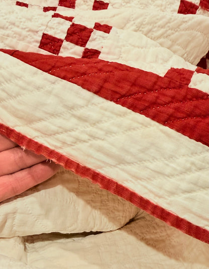 Incredible Red and White Small Scale Double 9 Patch Quilt