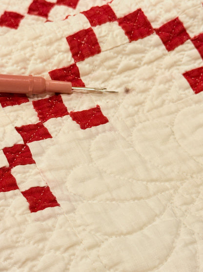 Incredible Red and White Small Scale Double 9 Patch Quilt