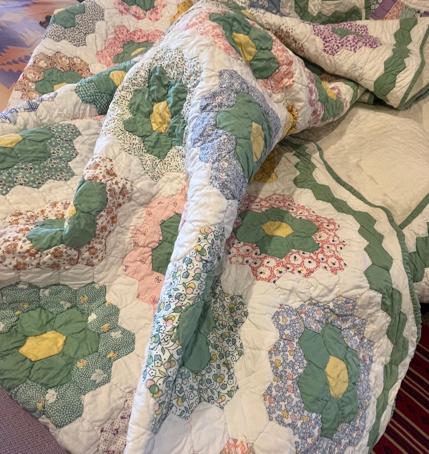 Flower Garden Quilt with Green Hexie Border