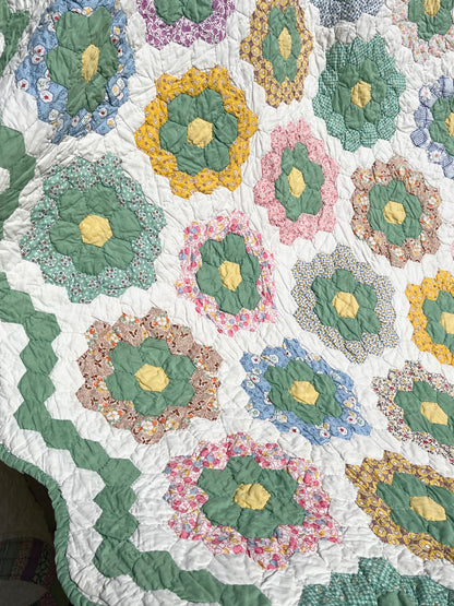 Flower Garden Quilt with Green Hexie Border