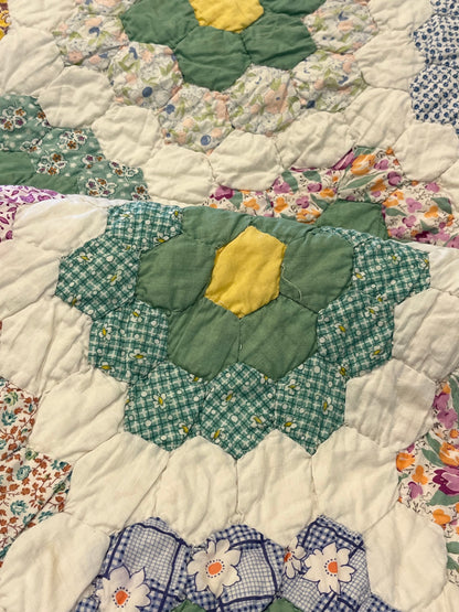 Flower Garden Quilt with Green Hexie Border