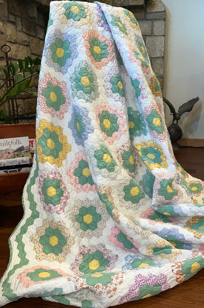 Flower Garden Quilt with Green Hexie Border