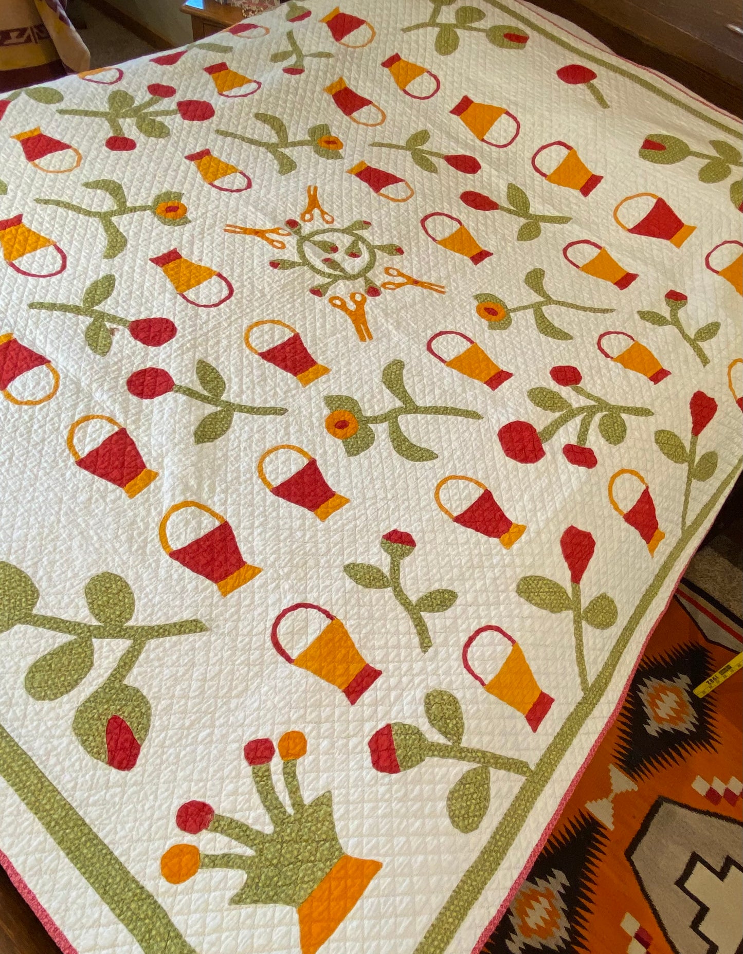 Folk Art Baskets and Scissors Appliqué Quilt