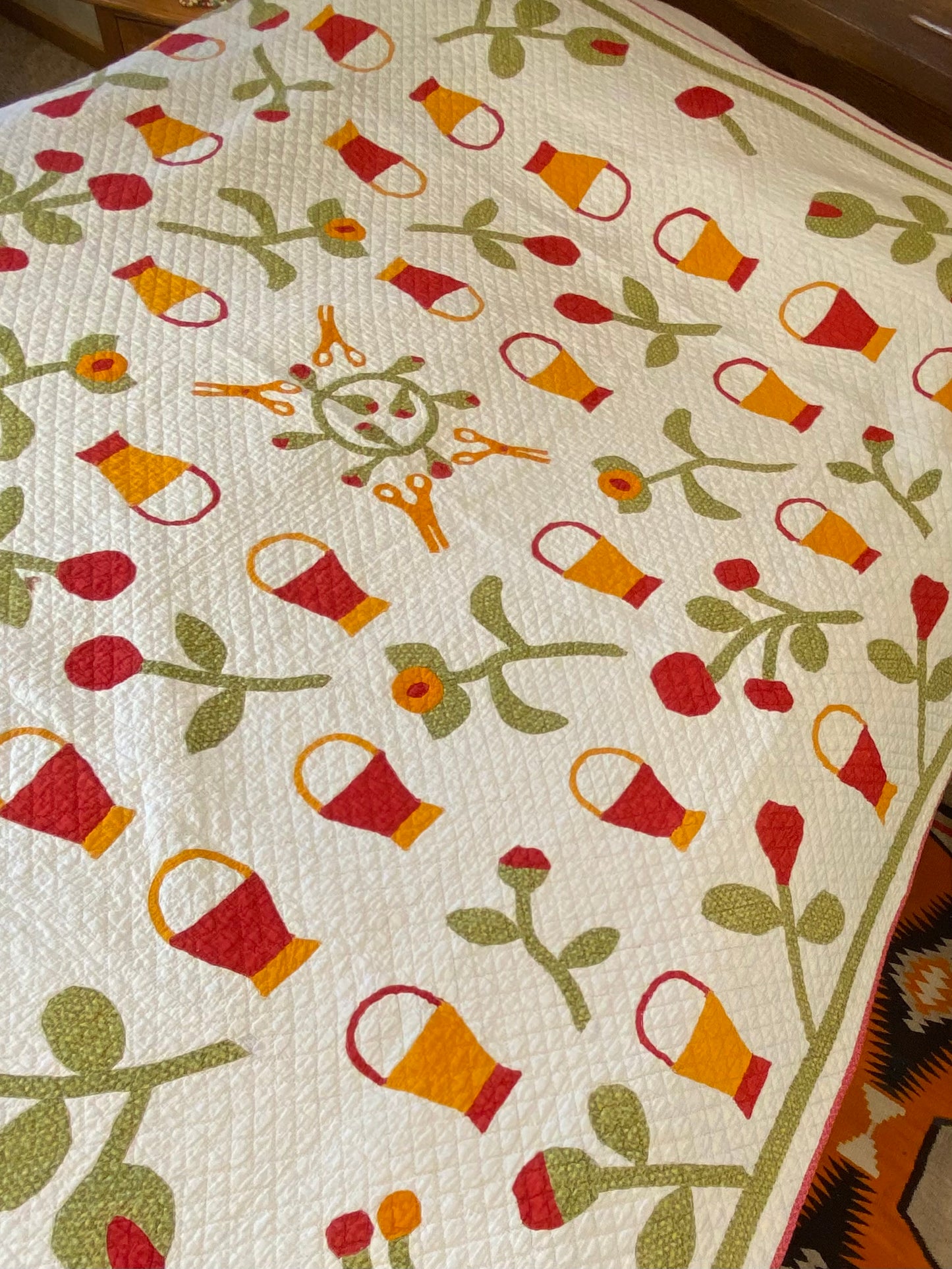 Folk Art Baskets and Scissors Appliqué Quilt