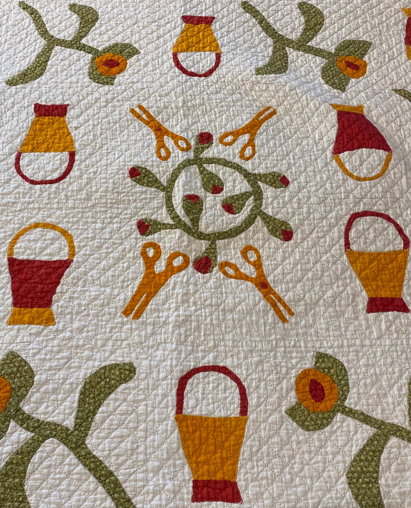 Folk Art Baskets and Scissors Appliqué Quilt