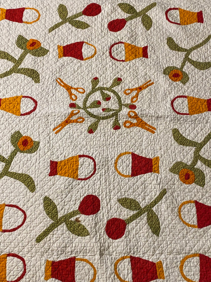 Folk Art Baskets and Scissors Appliqué Quilt